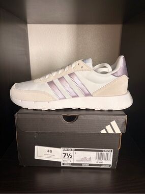 adidas White Sneakers with Lavender Stripes and Heel